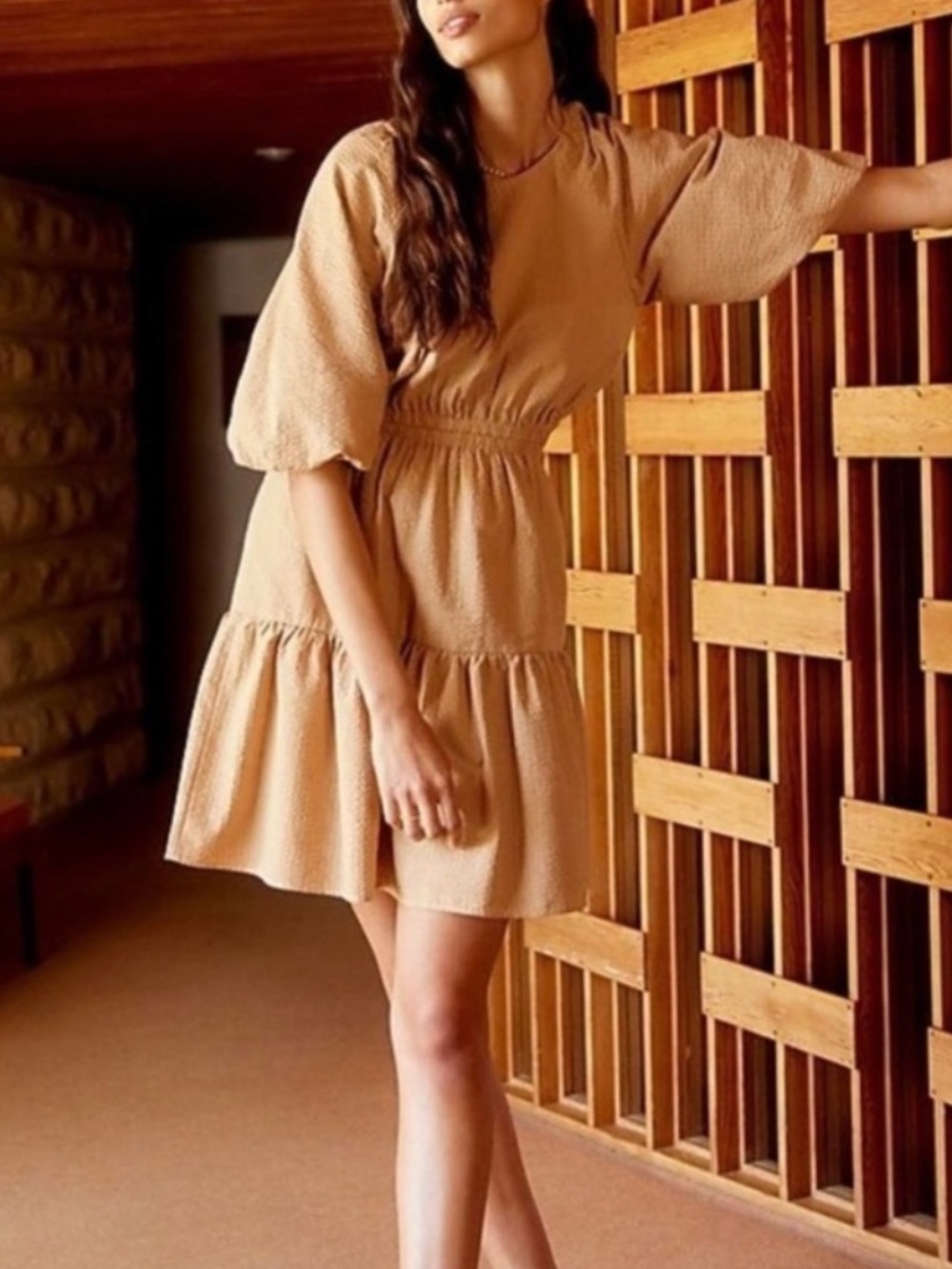 Madewell Seersucker Puff Sleeve Cutout Mini Dress Medium Tan